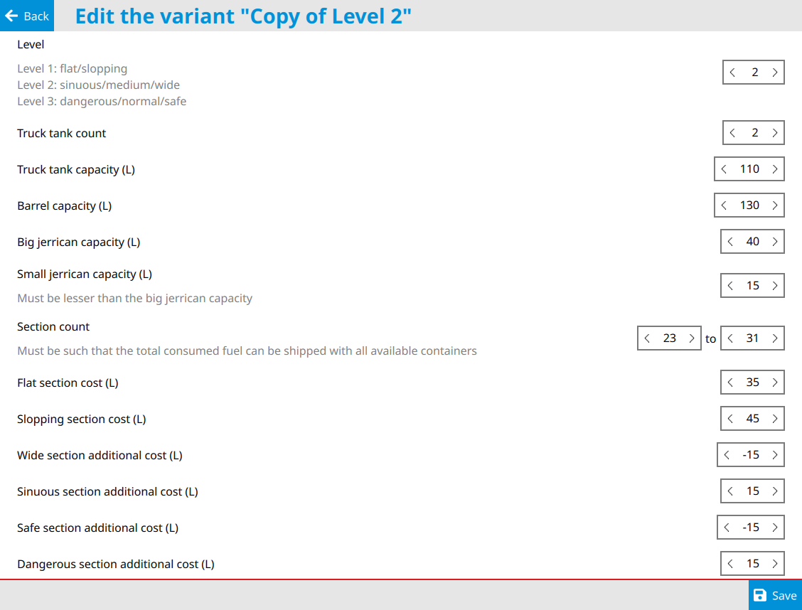 Example of parameters available for the “Himalayan Trucker” test.